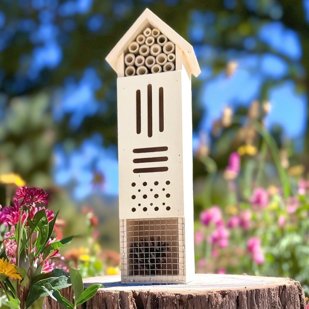 Hanging Bee House & Tall Insect House Garden Set – Wooden Outdoor Habitat Décor for Garden, Yard, and Patio
