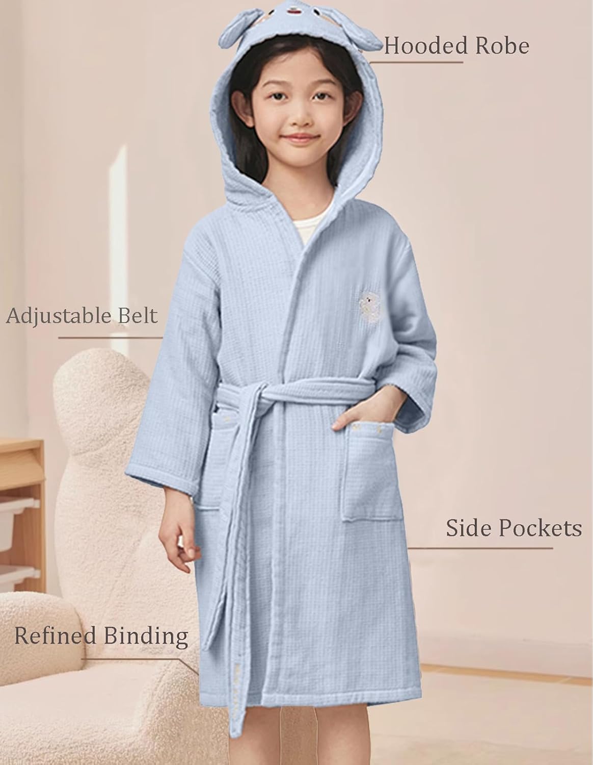Kids Terry cloth Bathrobe Hooded Soft Towel Baby Bath Robe 100% Cotton Toddler Bathrobe Pajama Loungewear Kids 2-12 Years