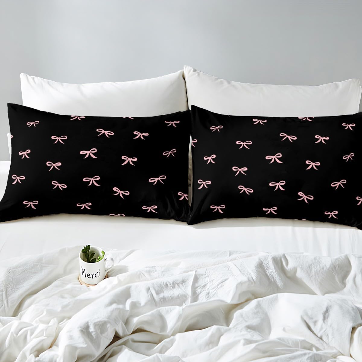 Girlish Pink Bow Fitted Sheet Twin Size Lovely Hand Drawn Bedding Set Girls Kids Bedroom Decor Geometric Bowknot Bed Cover Princess Style Bed Sheet with 1 Pillowcase,No Top Sheet