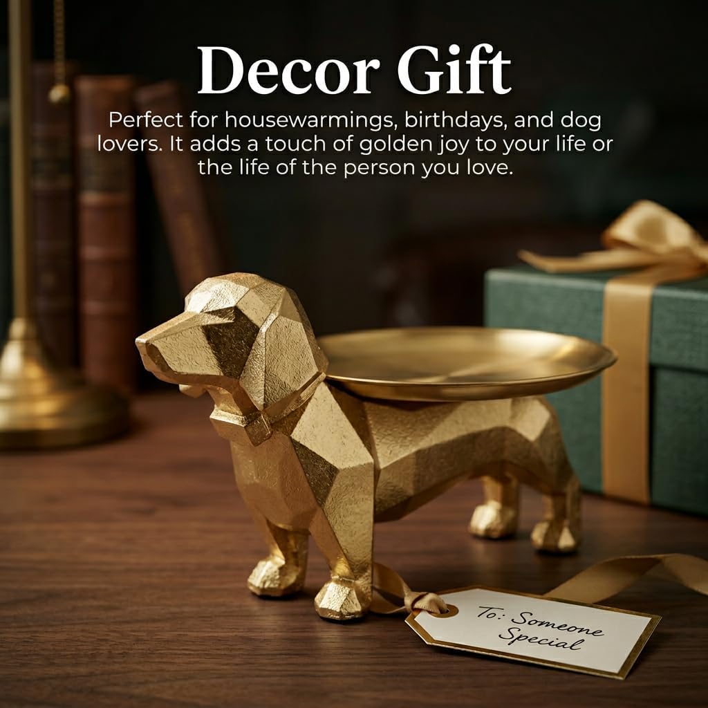 Gold Dog Statue Tray for Keys, Rings, Candy Dish, Home Decor