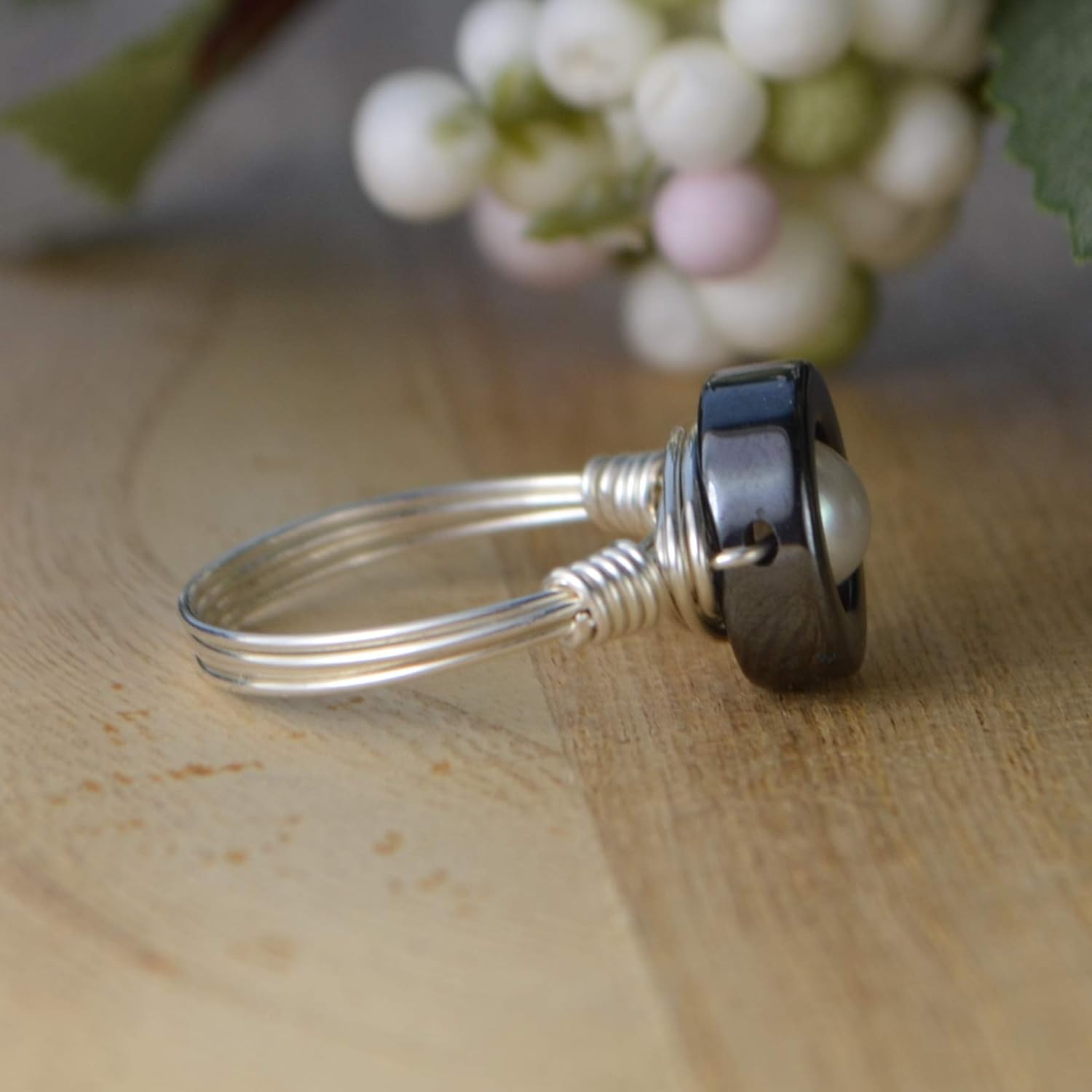 Pearl and Hematite Sterling Silver, Yellow or Rose Gold Filled Wire Wrapped Ring- Custom Made to Your Size