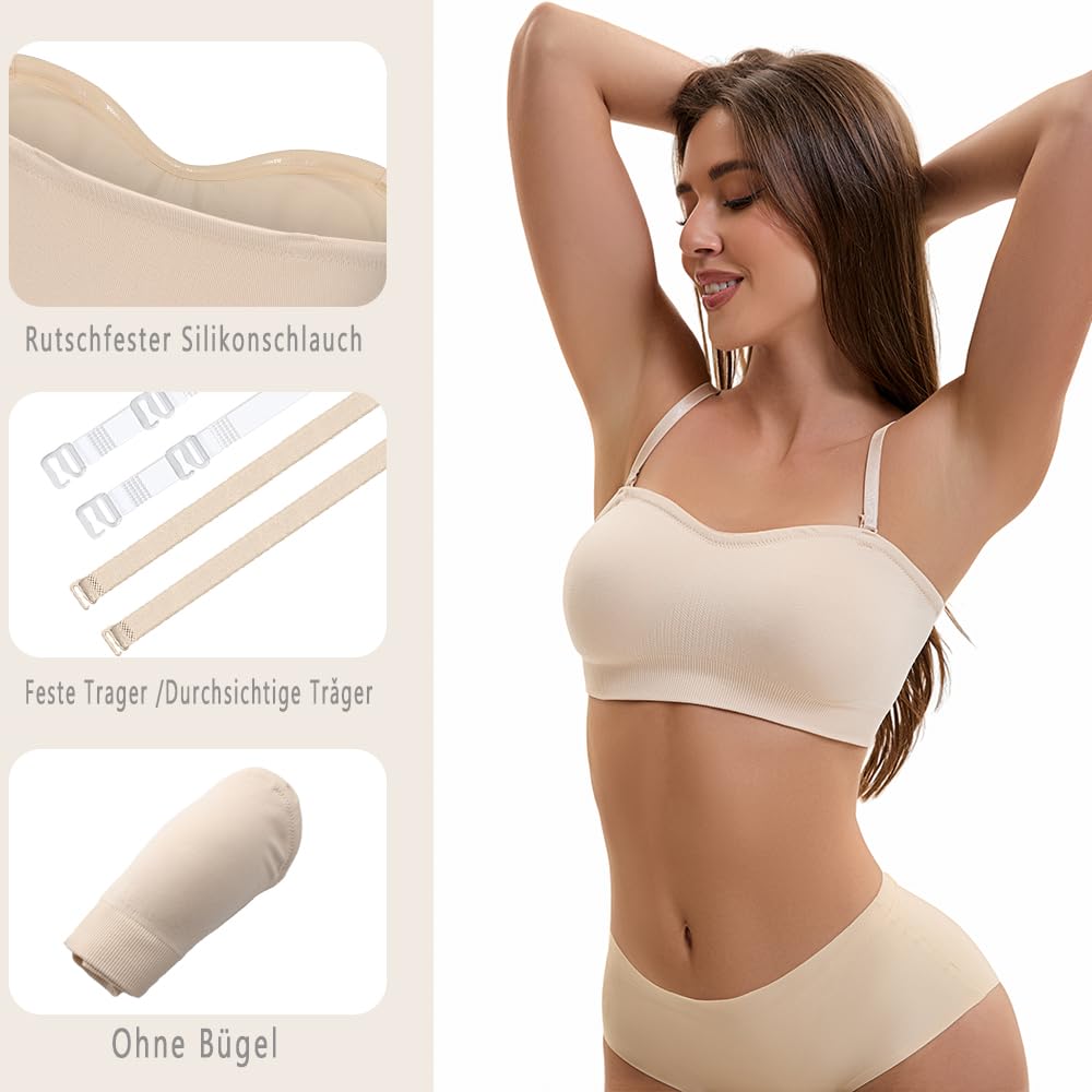 Damen Trägerloser BH Push Up Ohne Bügel Bandeau Top Große Größen Rutschfestes Silikon Bralette Nahtlose Tube Top mit Klare und Schwarz Träger