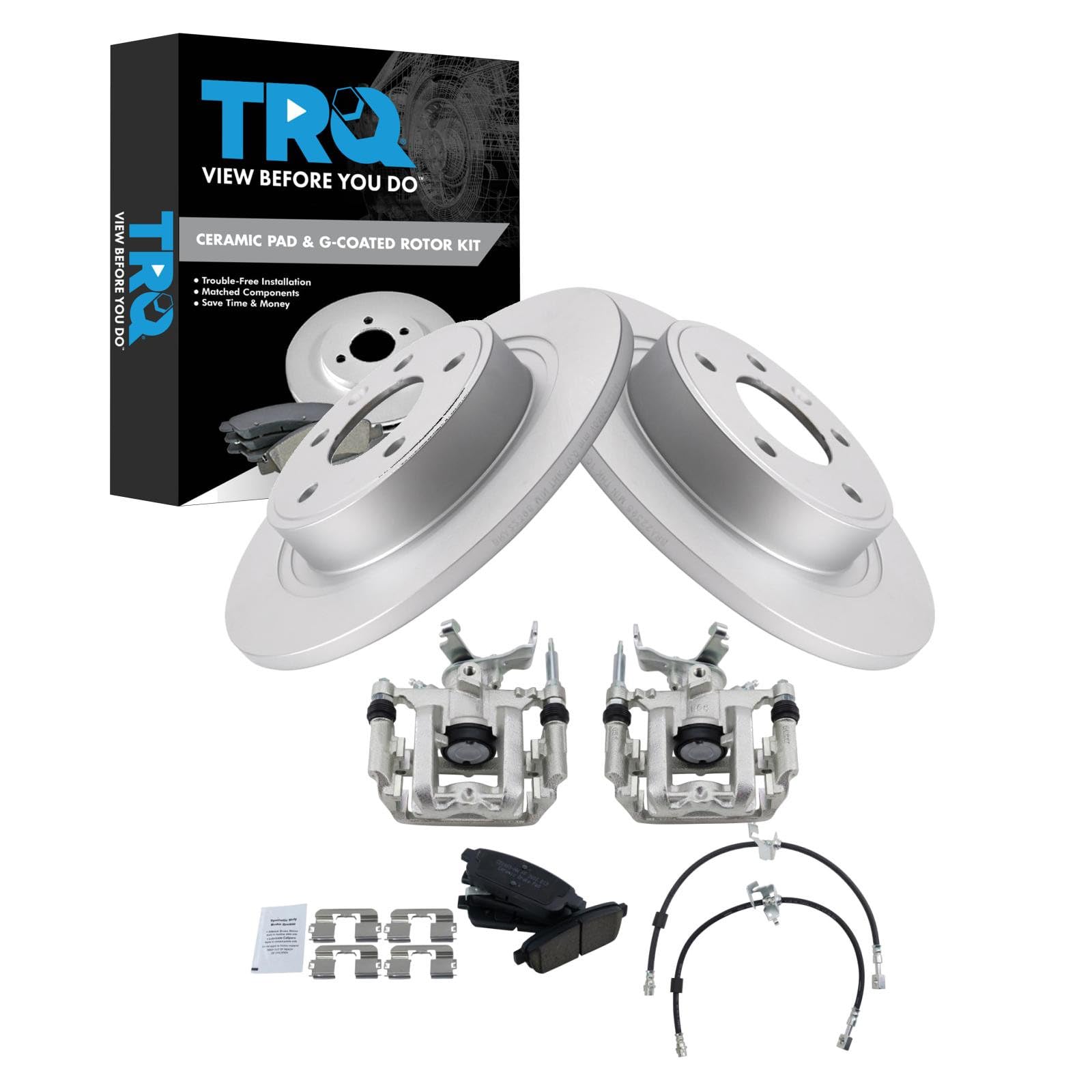 TRQ Rear Brake Pad and Rotor Set Ceramic G Coated Rotors Calipers Hoses Compatible with 2012-2017 Buick Verano