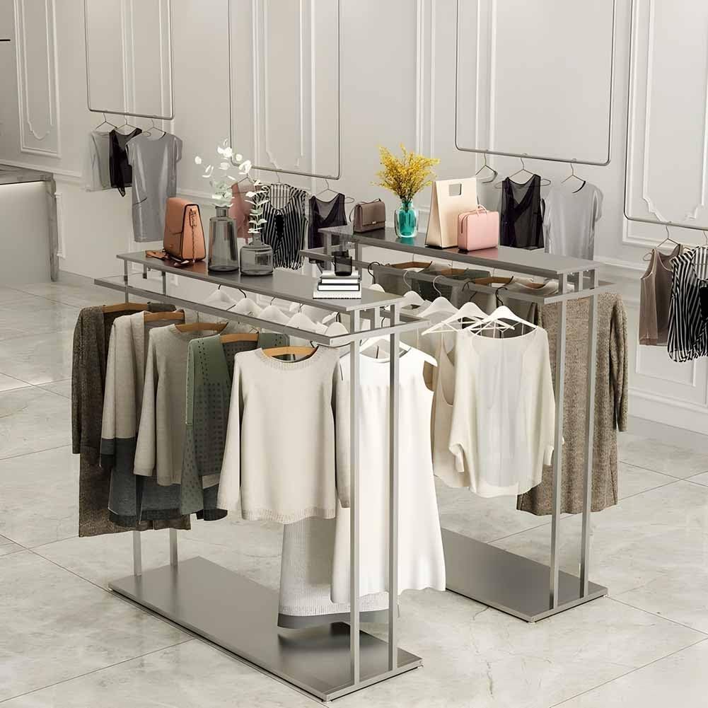 Metalowy wieszak z podwójnym prętem, stojący stojak na ubrania do butików, trwały i stylowy organizer na ubrania
