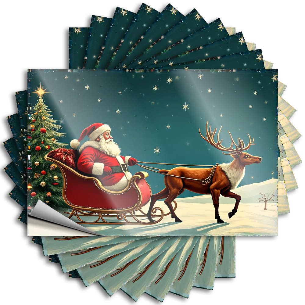 Fall Door Decorations Great Stickers - Santa Claus Rides His Sleigh with Reindeer Under A Starry Night Sky. Removable Decal Helmet Easy Peel for Layered(6X9CM)