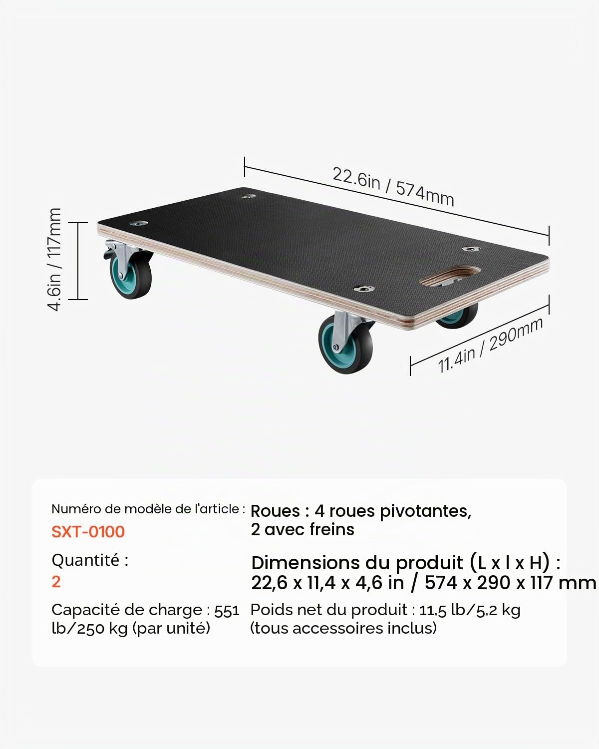 VEVOR Chariot de Déménagement 2 PCS Déplace Meubles Multifonctionnel Charge 250 kg Chacun 574x290x117 mm avec 4 Roues Silencieuses TPR Déménageur pour Meubles, Canapé, Machine à Laver, Réfrigérateur