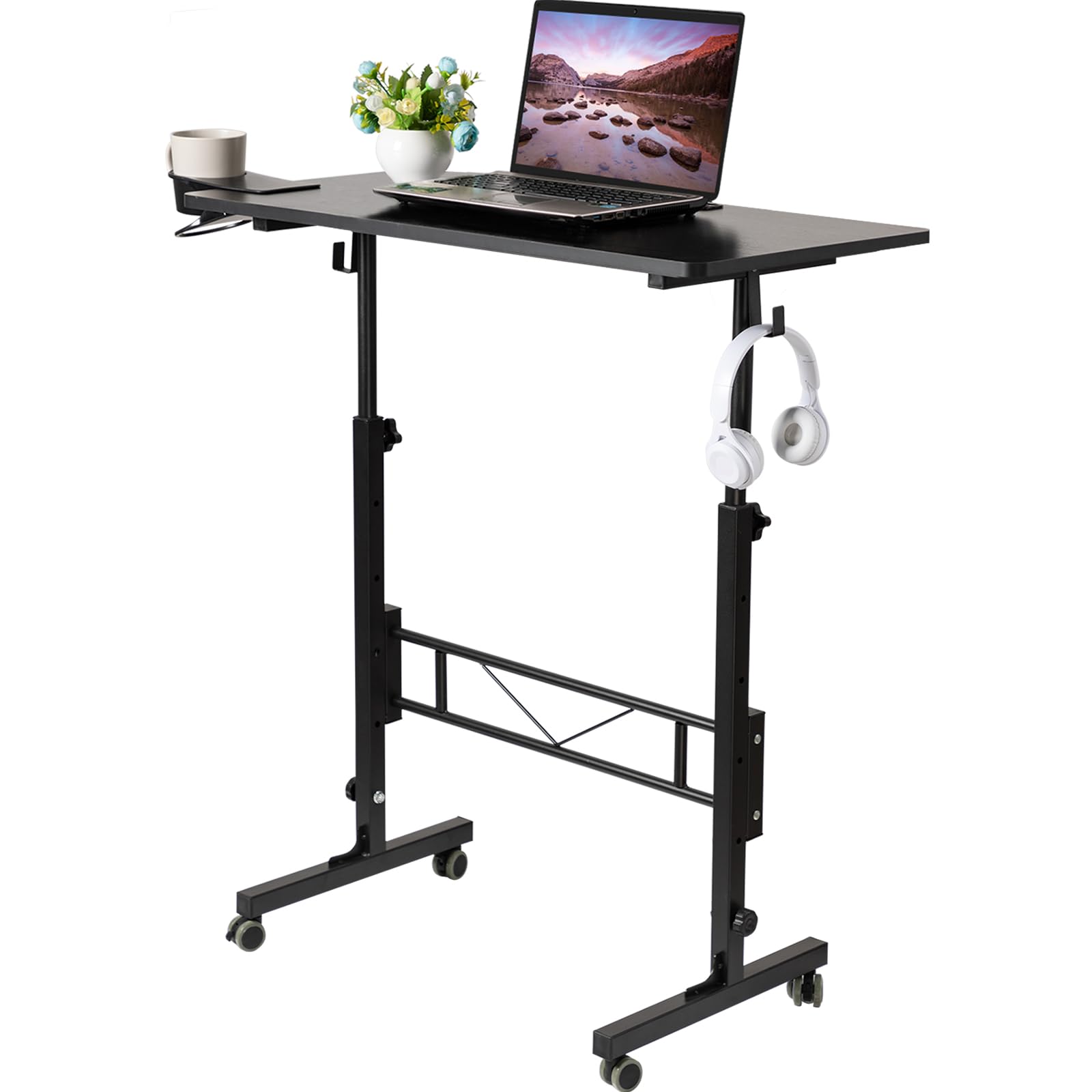 SIDUCAL Standing Desk Adjustable Height, Small Mobile Stand Up Desk with Wheels, Rolling Desk for Standing or Sitting, Portable Computer Desk for Walking Pad, Black