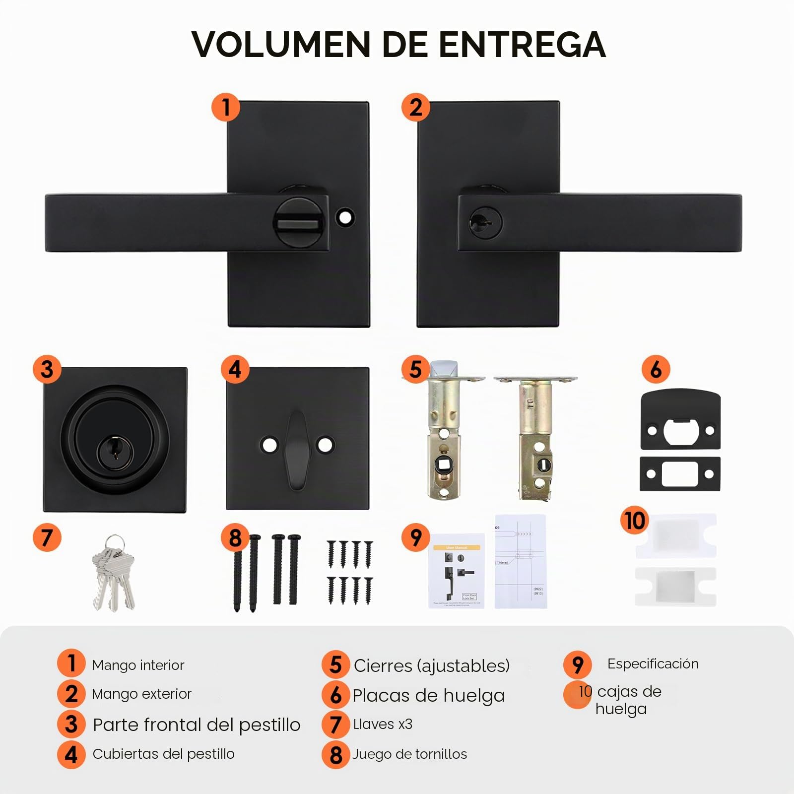 Haidms Juego de cerradura de puerta exterior negra con cerrojo de seguridad, manija de puerta delantera negra mate, cerraduras de entrada con llave igual, cerradura de puerta delantera de aleación de