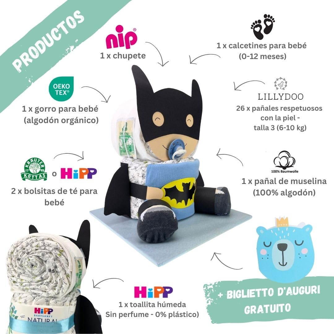 Tarta de pañales ® Batbaby bat comic [regalo de superhéroe]- regalo de nacimiento - fiesta de bebé - baby shower - puller party - comprar tarta ahora (azul/niño)