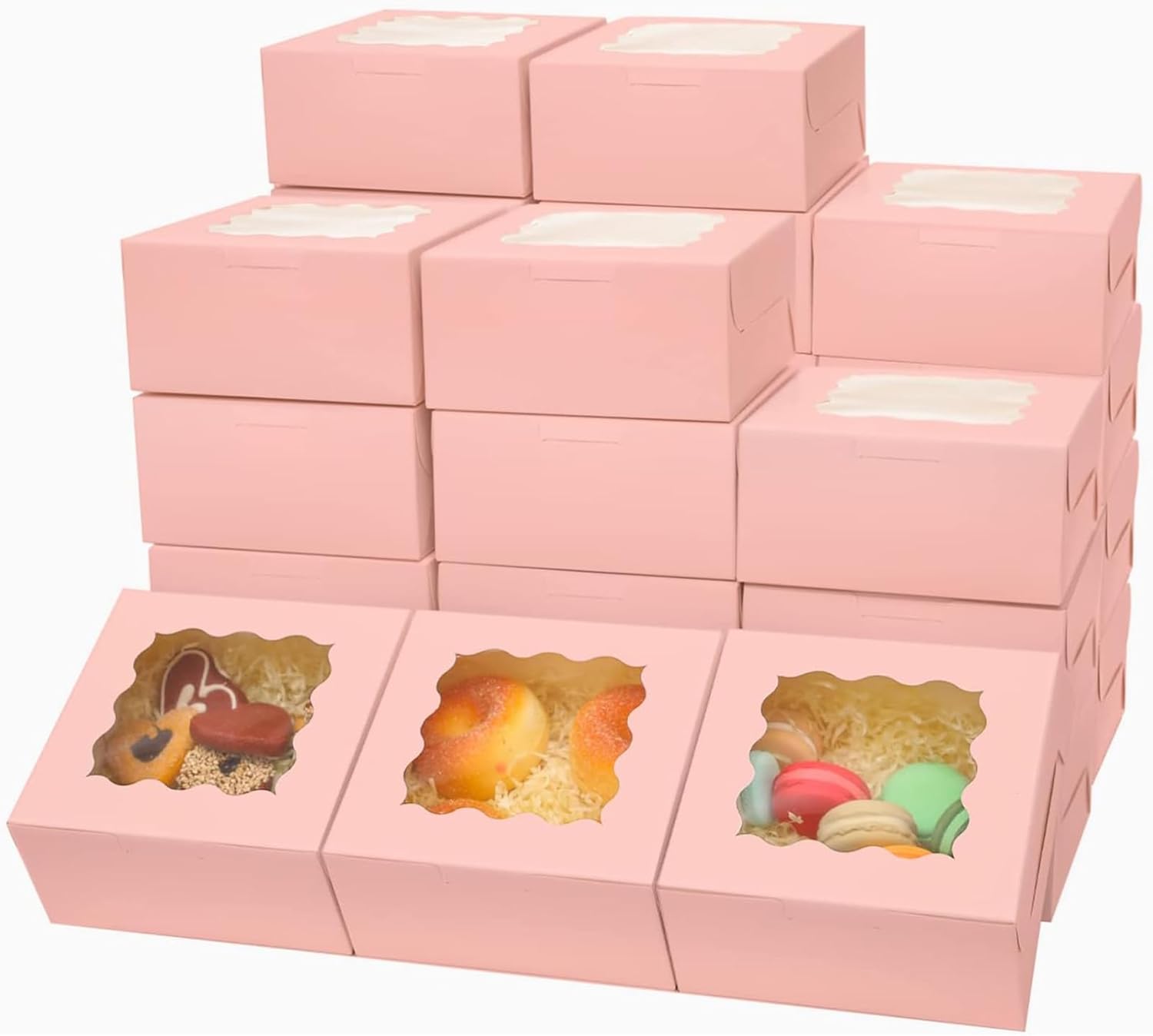 Bakepacker 100pcs Pink Bakery Boxes with Window 6x6x3 inches Thick & Sturdy Macaroon Pastry Boxes Cookie Boxes for Bakerys