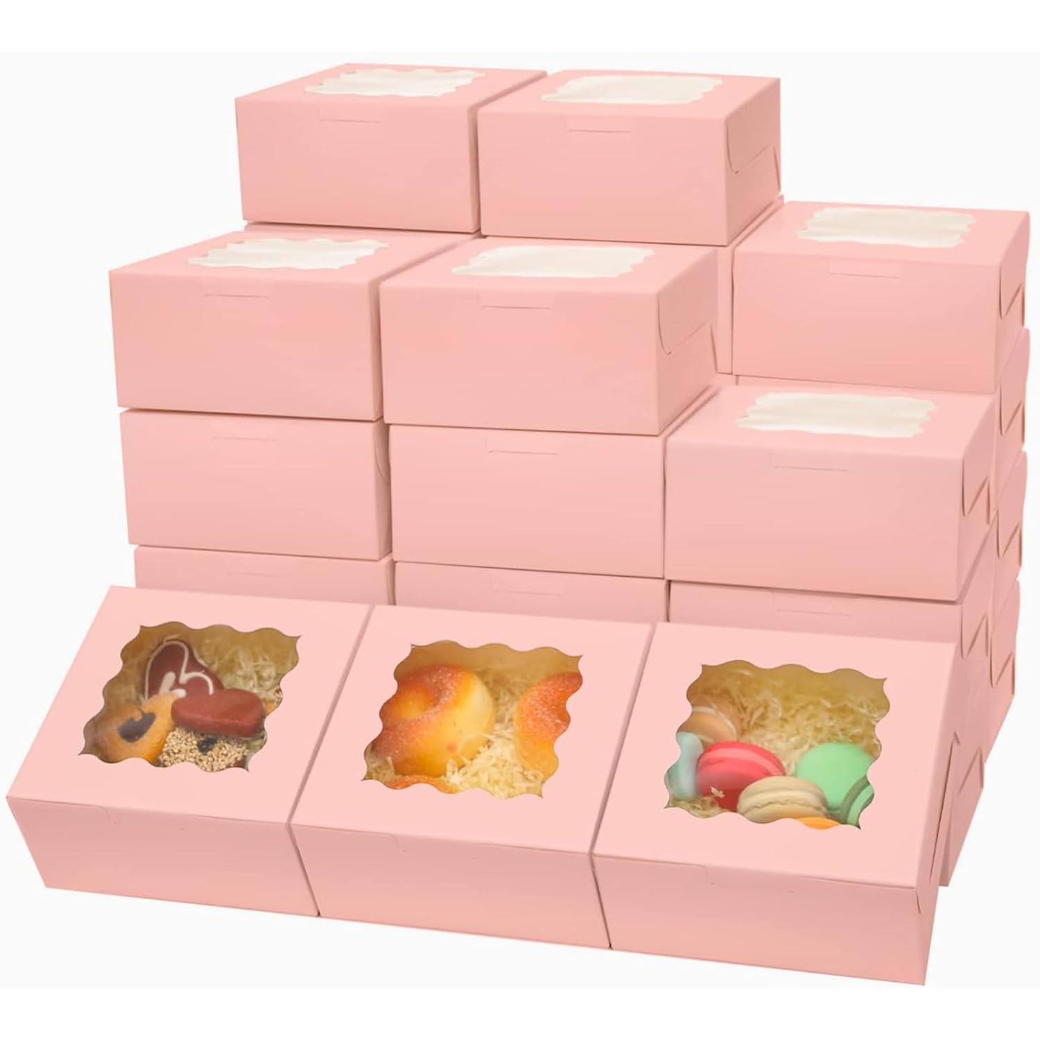 Bakepacker 100pcs Pink Bakery Boxes with Window, 6x6x3 inches