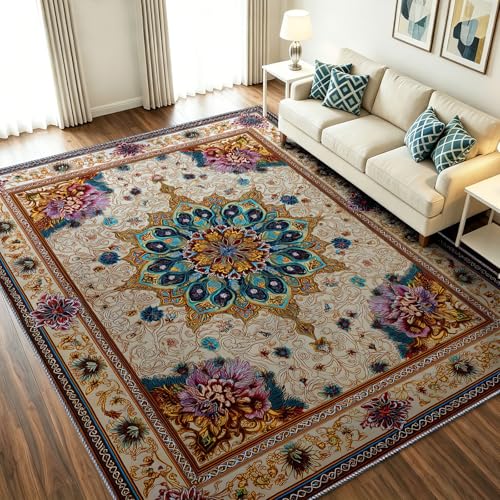 Alfombra de salón suave, 80 x 150 cm, estilo vintage, damasaje, alfombra de dormitorio antideslizante, lavable, ultra suave, con pelo bajo, flores volantes, motivos – pequeña alfombra para interior