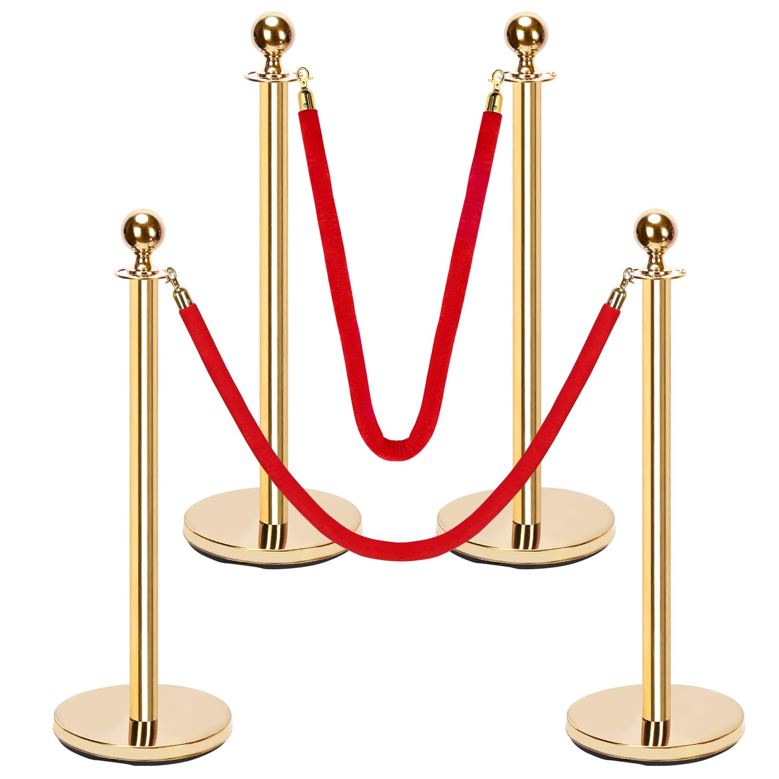Keadic 6er-Set Goldene Absperrständer mit Kugelkopf, 4 Edelstahl-Säulen & 2 Goldene Samtseile (1,5 m), Hohle befüllbare Basis für Hochzeit, Party, Ausstellung & Personenlenkung