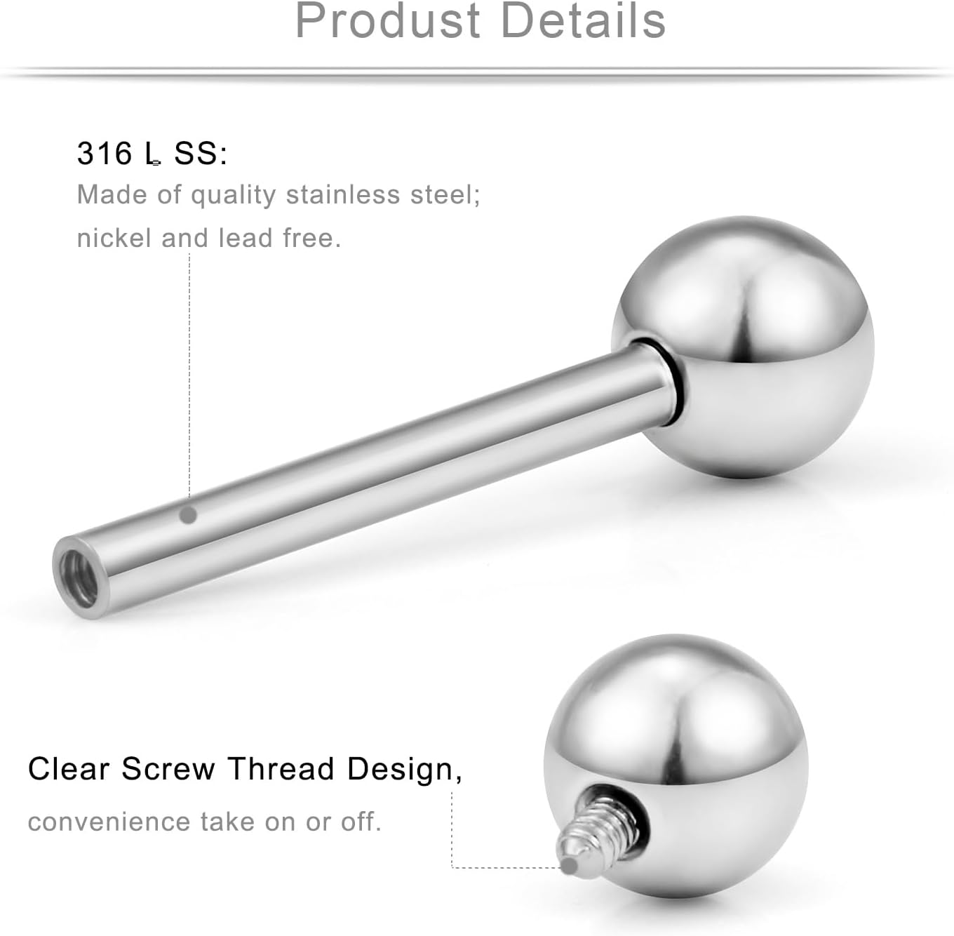 Ruifan Stainless Steel Internally Threaded Tongue Nipple Shield Barbell Ring Bar Body Piercing Retainer 14G - Image 2