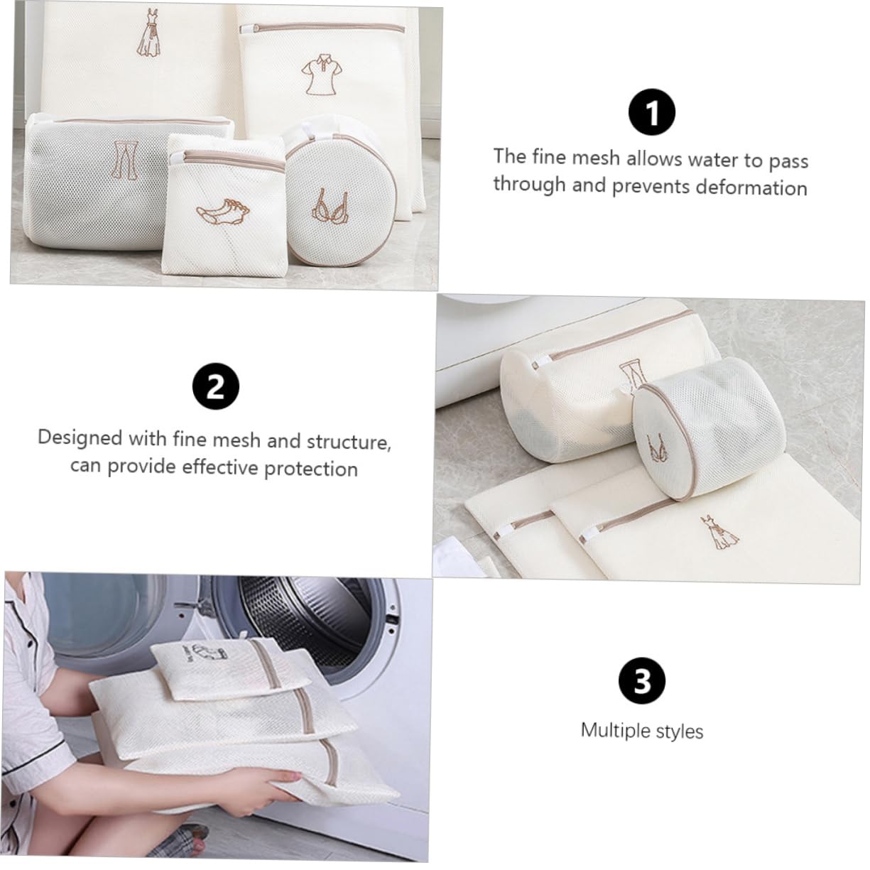 Set 6 Sacchetti per Lavanderia Ricamati Beige in Poliestere | Rete per Lavaggio, Separa Capi Sporchi e Puliti, Protegge Cerniere e Tessuti Durante Ciclo