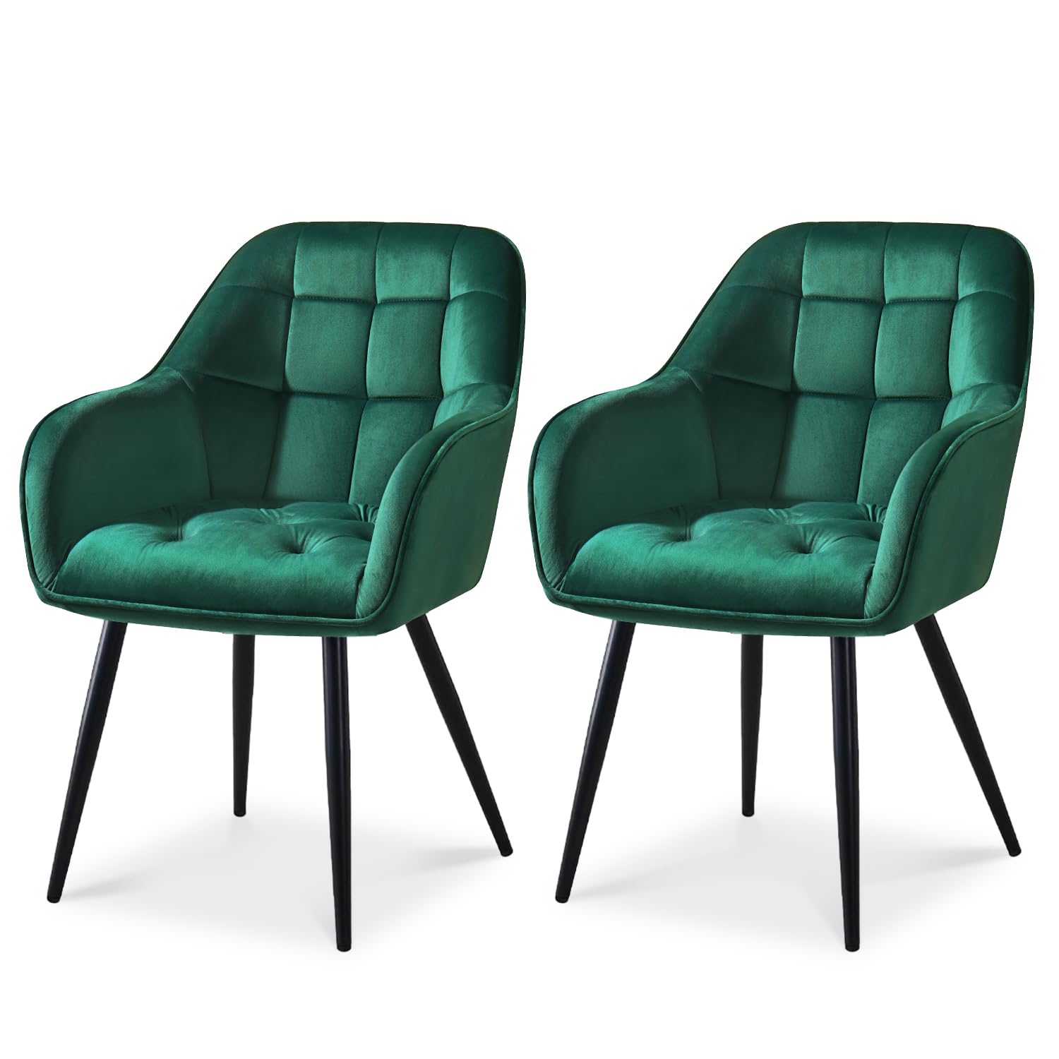 ELUCHANG Kitchen Dining Chair Set of 2 with Arms, Backrest, Velvet Thick Padded Upholstered, Vanity Chair, for Dining Room, Living Room, Dressing Table, Lounge, Green