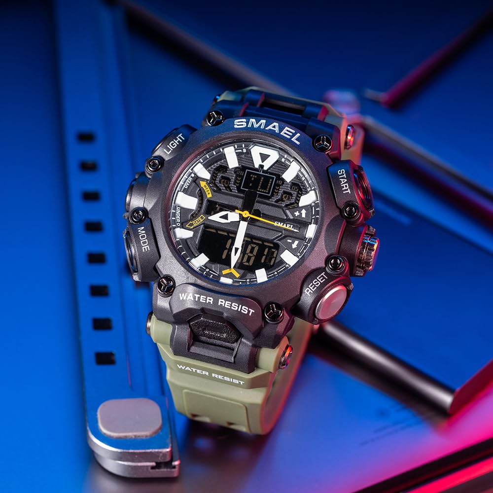 SMAEL 8053 Reloj deportivo digital para hombre con diseño elegante, funciones multifuncionales y cronometraje fiable (verde militar), Verde militar.