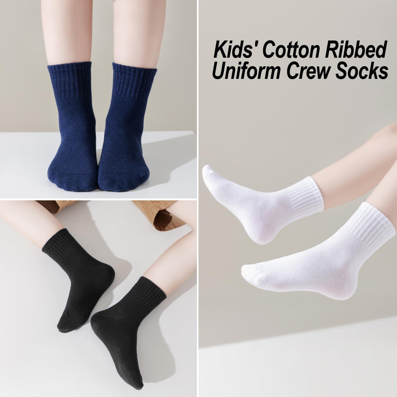 EPEIUS Unisex Kids Crew Socks Soft Cotton Seamless School Socks for Girls Boys Dress Sox White Black Navy 4/6/8 Pairs - Image 2