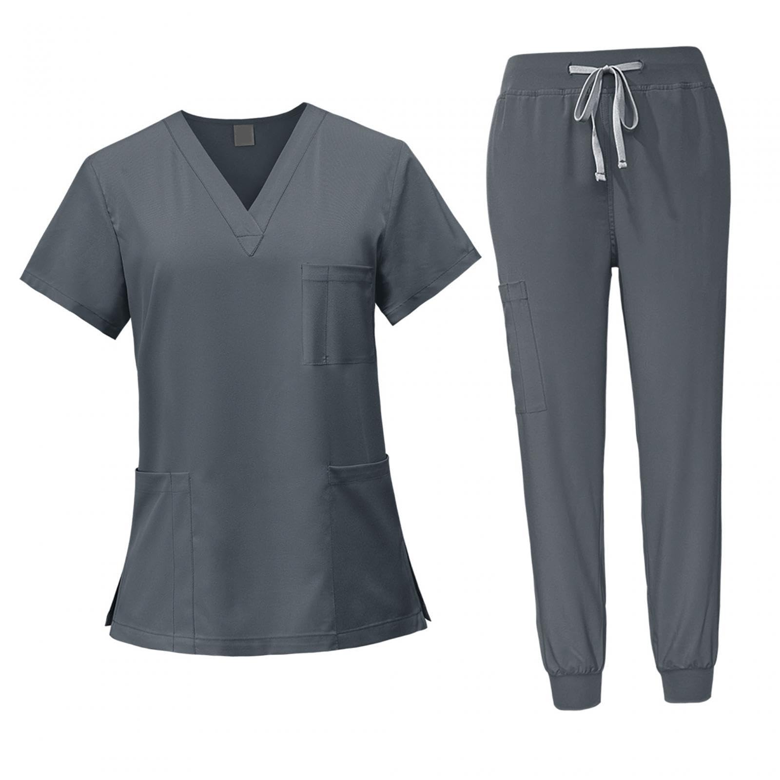 LOVIVER Female Scrub Set Nurse Workwear V Neckline Professional Machine Washable Top and Joggers Pant Work Clothing for Beauty Center, Gray, M