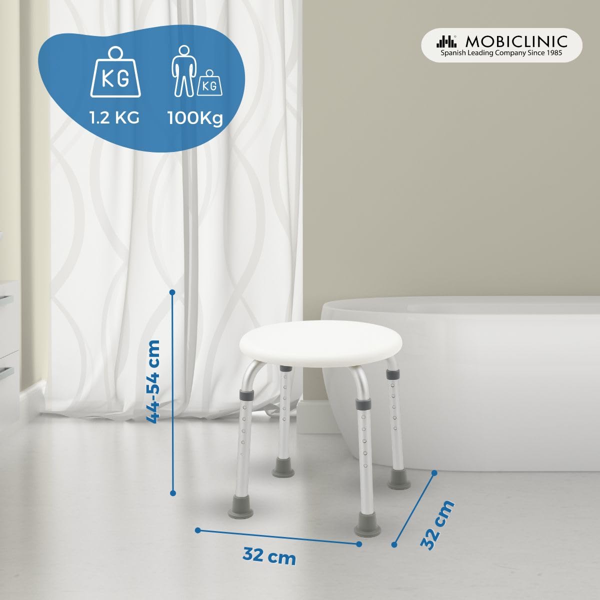 Mobiclinic®, Taburete baño, Conteras Antideslizantes, Asiento Confortable, Banqueta de Ducha, hasta 100 kg, Ligera y Resistente, Aluminio (Cloruro de polivinilo (PVC))