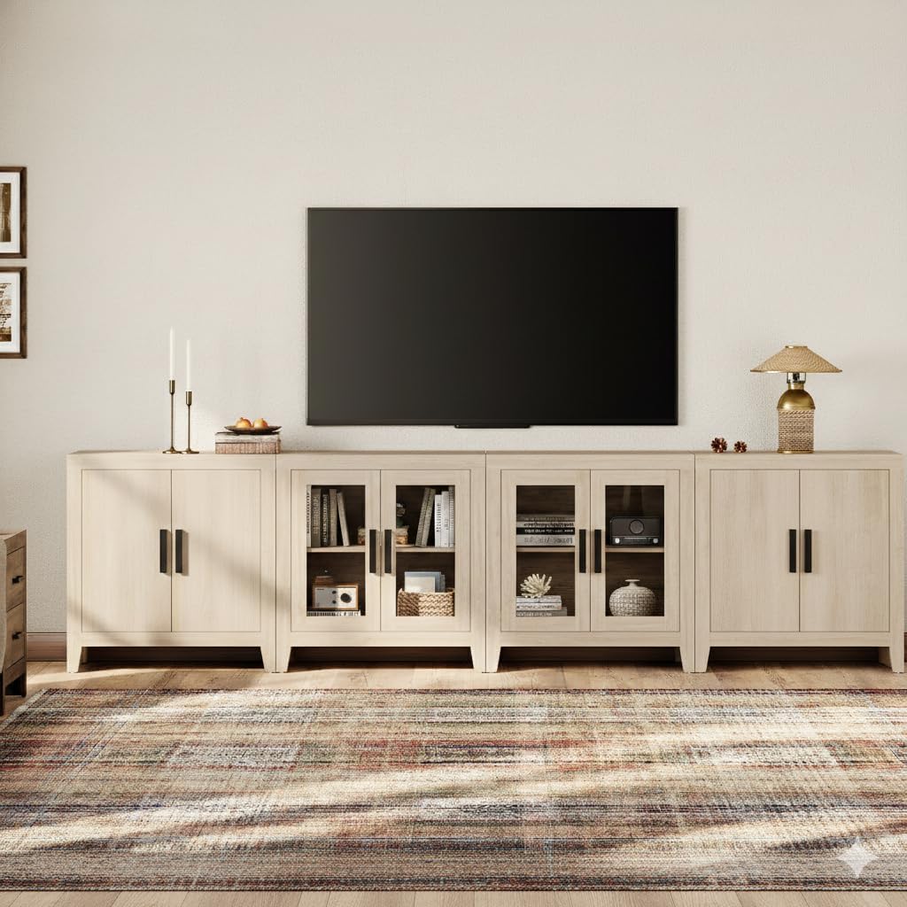 WAMPAT TV Stand for TVs up to 110 inch, Farmhouse Entertainment Center with Storage, Wood Media Console with Glass Doors and Closed Cabinets, Rustic TV Cabinet with Adjustable Shelves, Beige