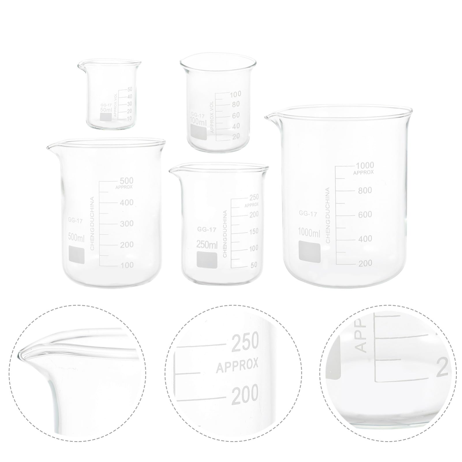 iplusmile 5piezas Vasos Medidores De Vidrio Graduados De Borosilicato Resistentes Al Calor Para Laboratorio Mezcladores Transparentes Para Líquidos Con Capacidad Para Experimentos Científico