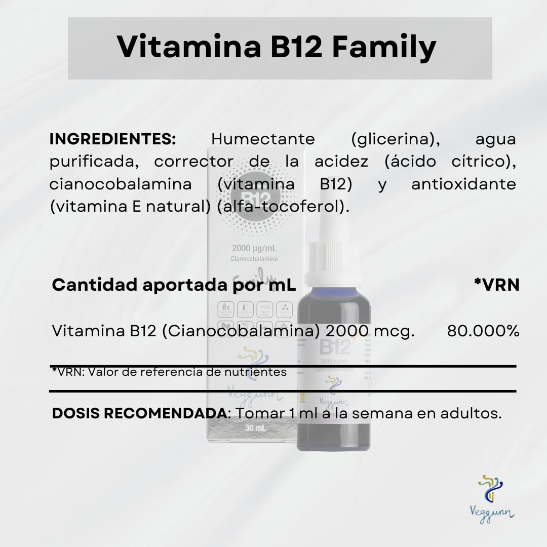 VEGGUNN - Vitamina B12 Familiy - Bote de 30 ml. Vitamina B12 Sublingual - 2000 mcg por mililitro, Natural, con Certificado Vegano - Vitaminas para el Cansancio con Suministro para 30 Semana
