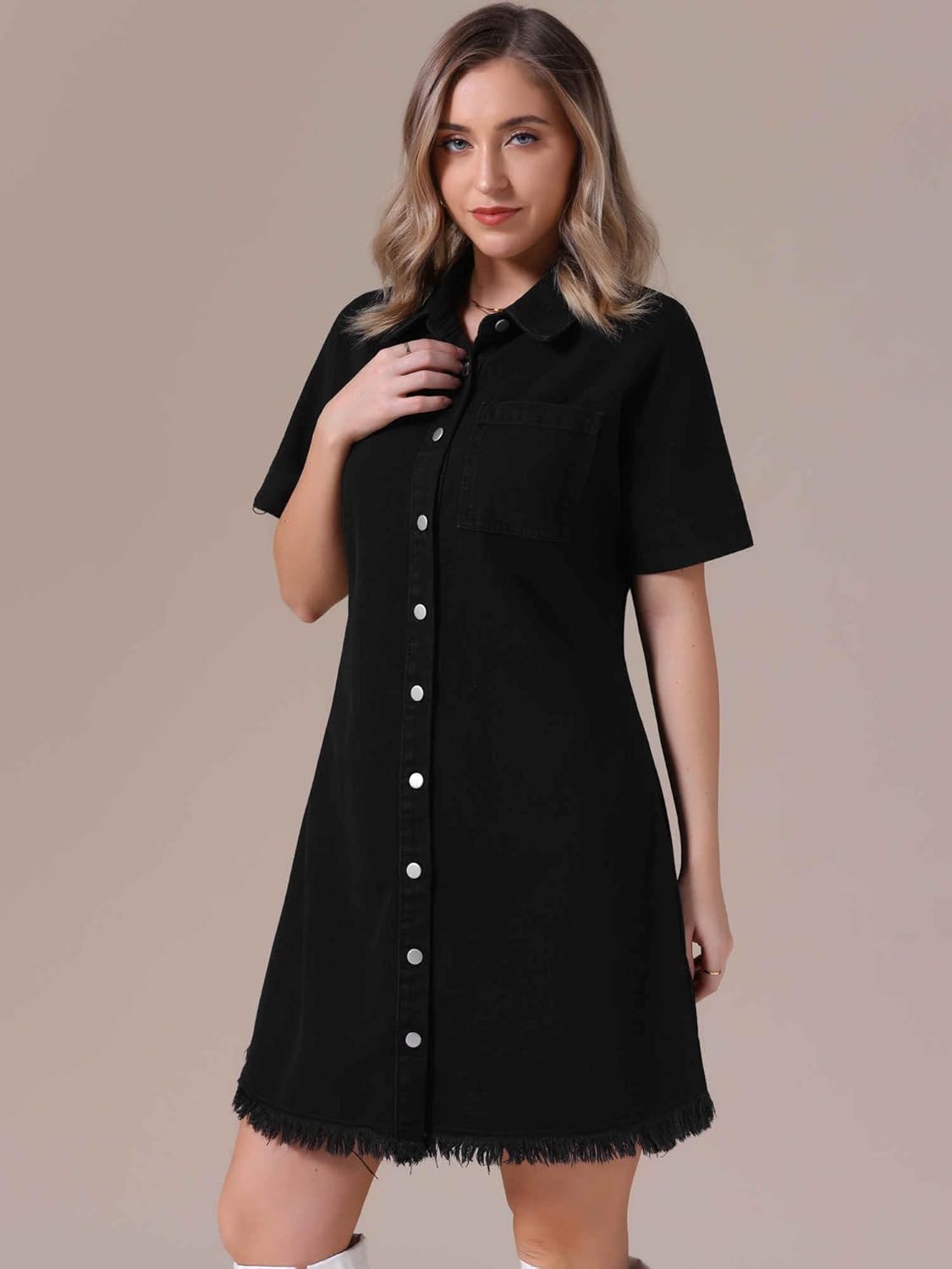 Womens Short Sleeve Denim Dress 2025 Collared Button Front Jean Dresses - Image 2