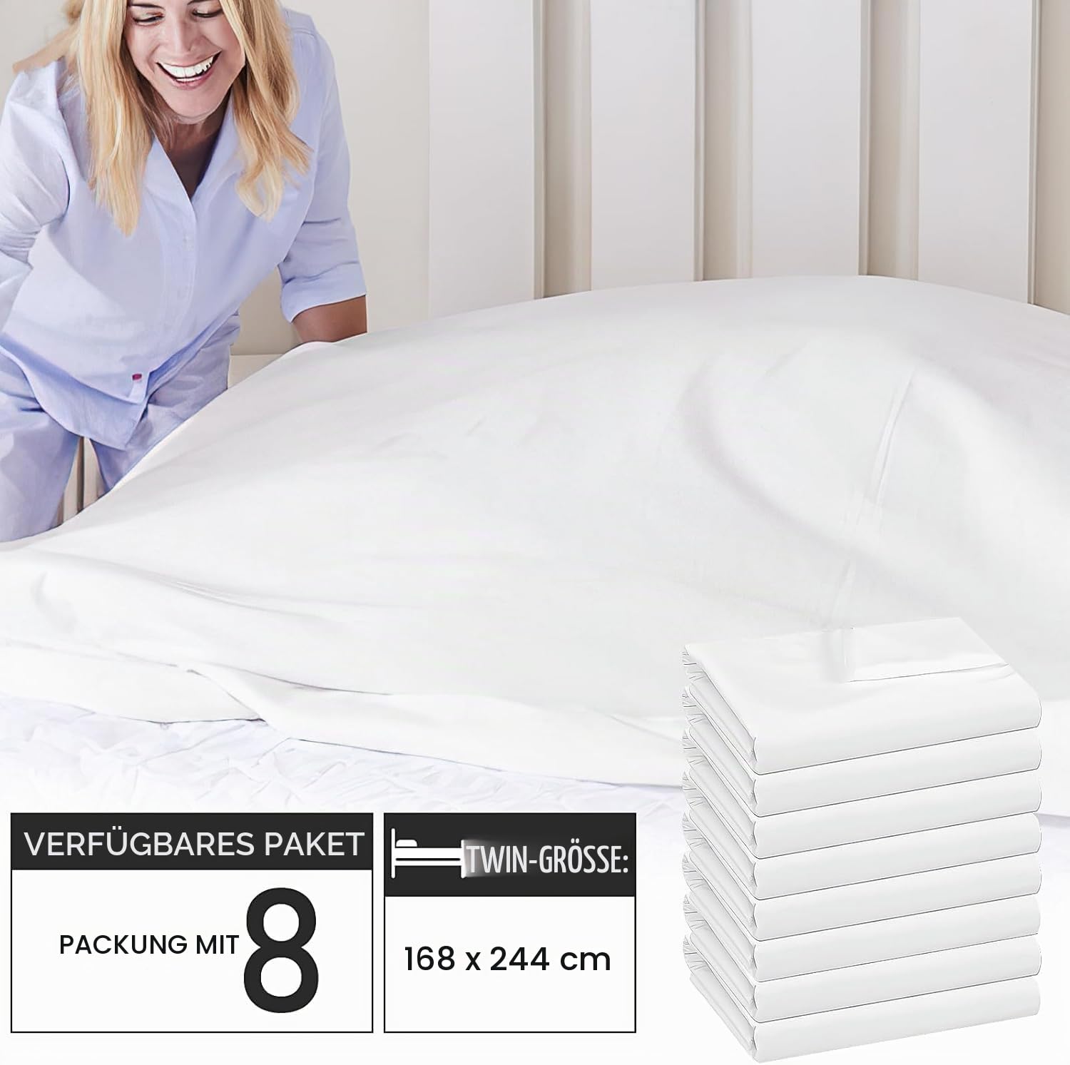 8 Stück Betttuch/Bettlaken/Haustuch 168x244 - Flaches Mikrofaser Betttuch besonders weich,Weiß Einfache Klassische Hotel Bettücher ohne Spanngummi Laken Leintuch Haushaltstuch