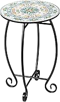 TheHomeCult 14" Round Side Table with Jasmine Relief Ceramic Tile Top & Metal Scrollwork Frame - Indoor Outdoor End Table Nightstand