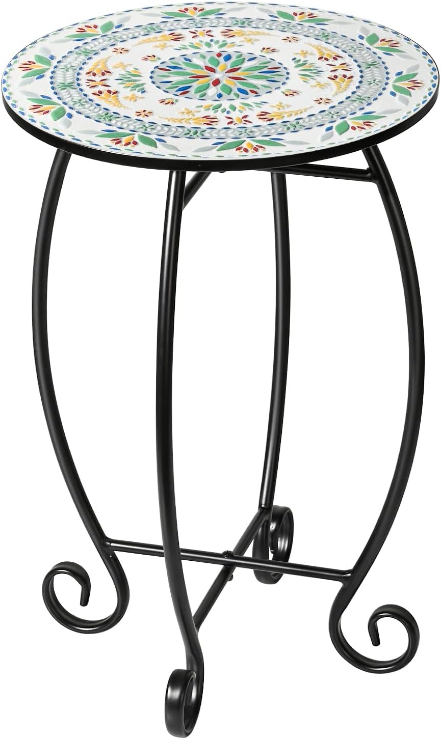 𝐒𝐢𝐝𝐞 𝐓𝐚𝐛𝐥𝐞, 14" Round End Table, Unique Relief Ceramic Tile Tabletop with Metal Frame, Metal Scrollwork Accent Table, Coffee Tea Table Nightstand for Living Room, Bedroom, Indoor Outdoor Use