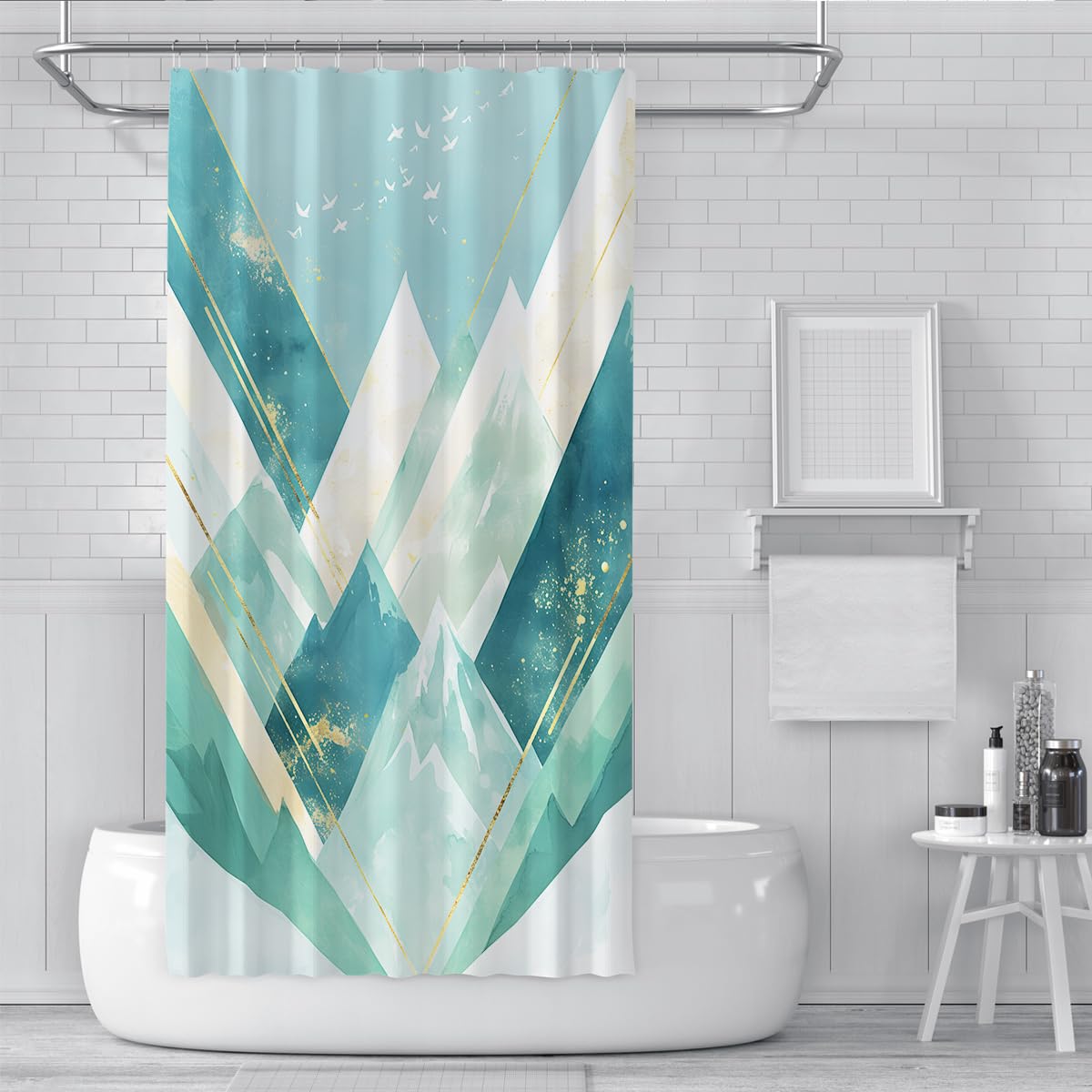 Rideau de Douche Salle de Bain Chevrons Vert Menthe W180xL180 cm