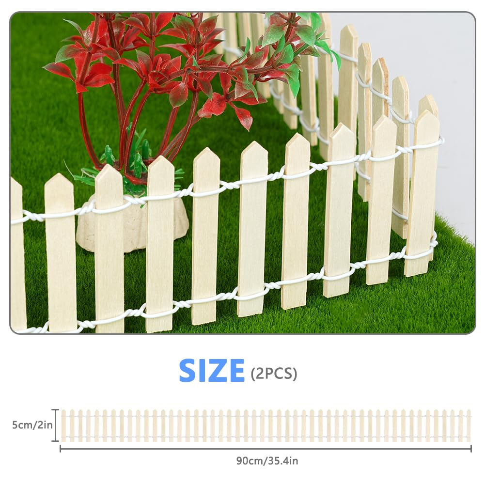 Aolso 2Pack Miniature Garden Kit Wooden Fence Dollhouse DIY, Mini Garden Furniture Gnome Fence, White 90 x 5 cm-Wood color - Image 2