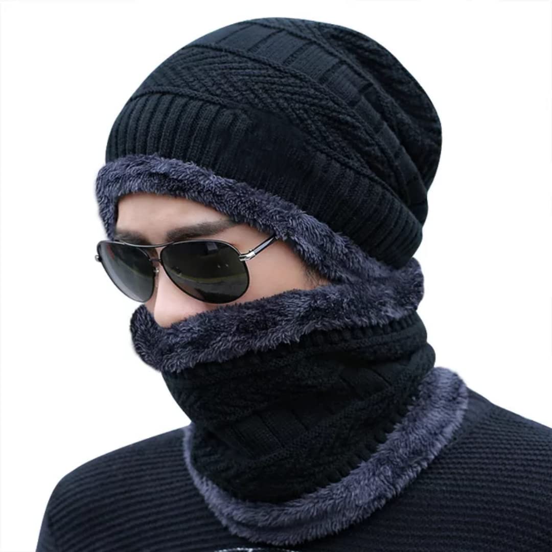 Ultra Soft Unisex Woollen Beanie Cap Plus Neck Warmer Muffler Scarf Set for Men Women Girl Boy - (Fur Inside) Warm, Snow Proof Knit Hat Thick Fleece Lined Winter Hat (Multy Colour) (Black)-image-21