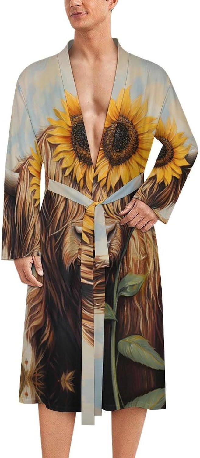 Highland Cow with Sunflower Mens Robe Long Bathrobe for Women Bath Robes Lightweight Soft Printed Sleepwear