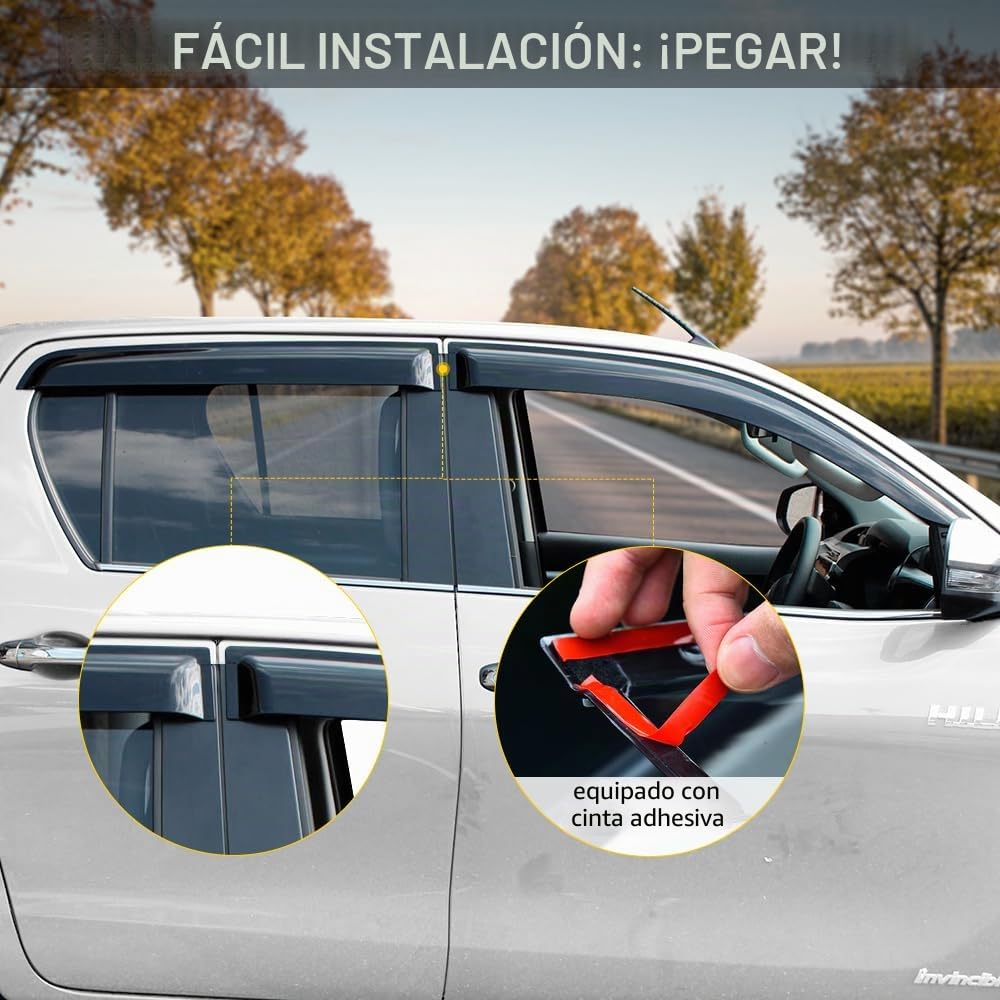 Déflectores de Viento Adhesivos para Toyota Hilux (2016-2026) Double Cab Derivabrisas de Ventana en PMMA Negro Ahumado, Visera Anti-Reflejo y Protección Pluvia (GX, VX, VXL, Invincible, GR Sport)
