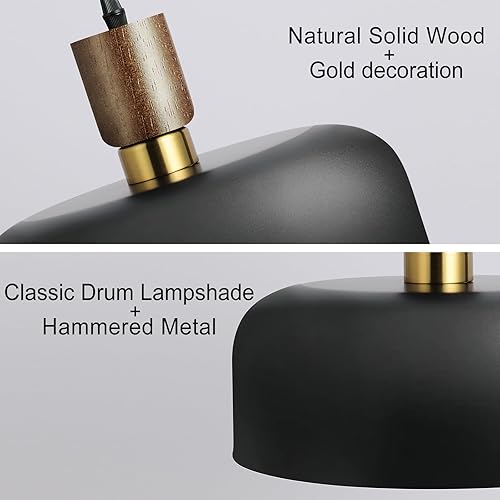 Miniatura 2 de Lámpara colgante negra moderna de 11.6 pulgadas, lámpara colgante grande para isla de cocina, madera maciza con pantalla martillada, lámpara de