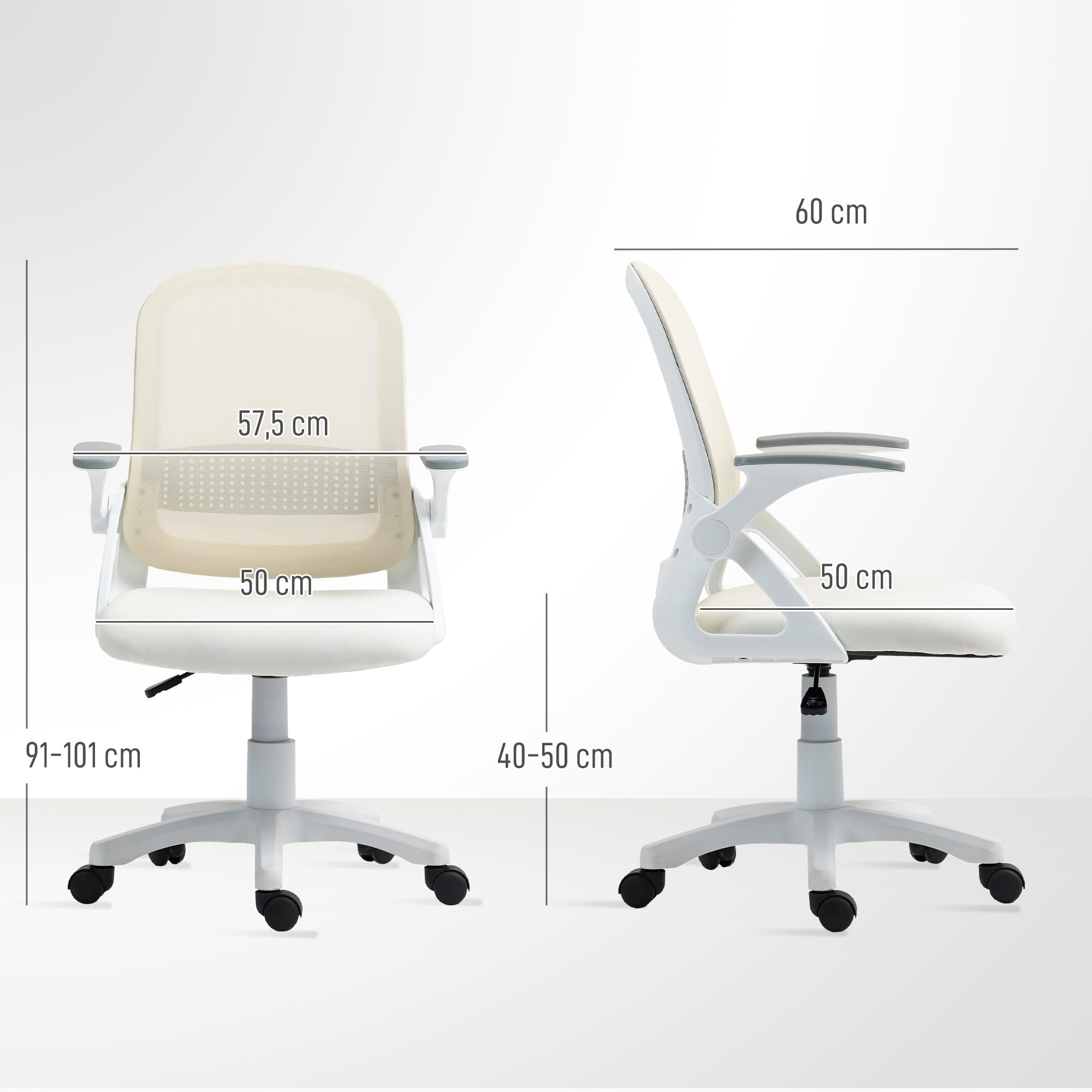HOMCOM Bürostuhl mit Aufklappbarer Armlehne Lendenwirbelstütze Weiß | Ergonomischer Schreibtischstuhl, Höhenverstellbarer Drehstuhl mit Wippfunktion, Netzbespannung, Computerstuhl