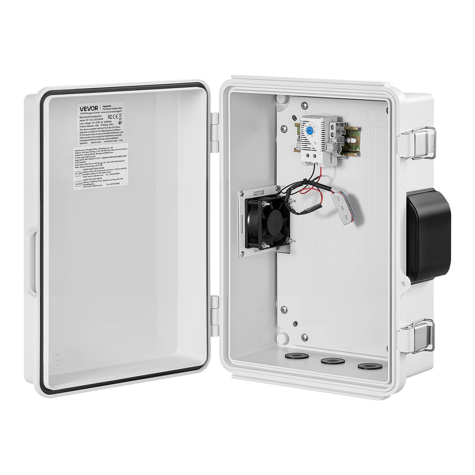 VEVOR Scatola di Derivazione da Esterno, Scatola Elettrica da Esterno in ABS Impermeabile con Termostato Ventola Piastra di Montaggio Passacavi IP65, Casa Ufficio Officina Centro Commerciale Fabbrica