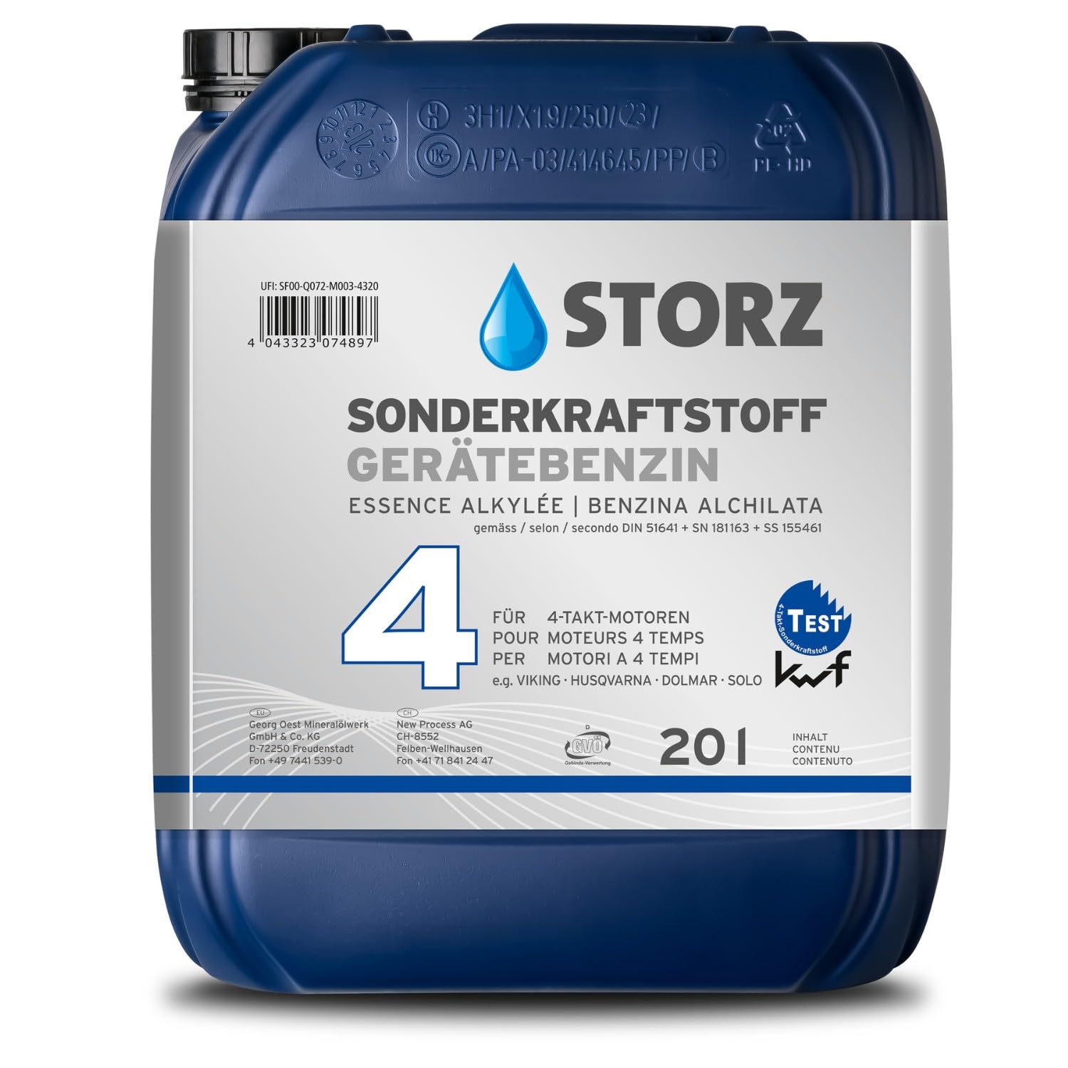 Storz 4T Gerätebenzin - 20 Liter Kanister | Sonderkraftstoff | reines Alkylatbenzin