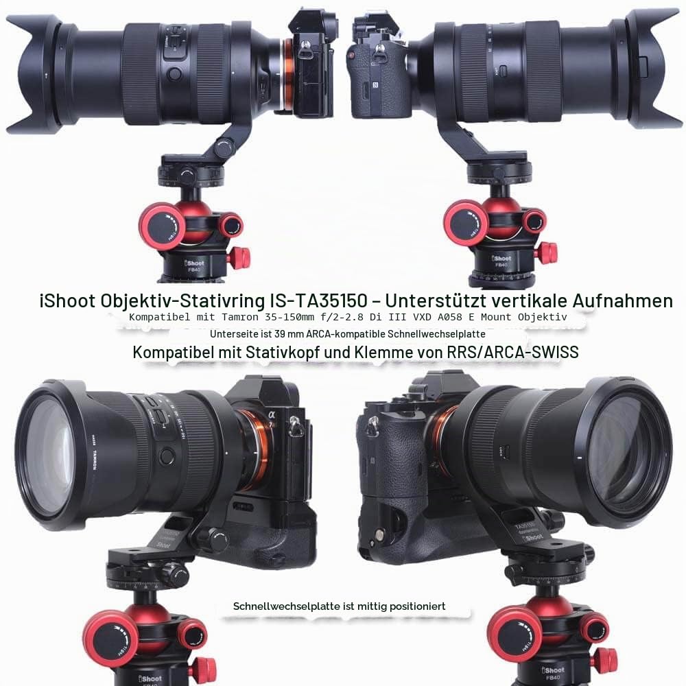 iShoot Metall-Objektiv-Stativ-Halterungsring kompatibel mit Tamron 35-150 mm f/2-2.8 Di III VXD A058 E Mount, Objektivstütz-Halterung unten ist Arca-Swiss Fit Schnellwechselplatte Schwalbenschwanznut