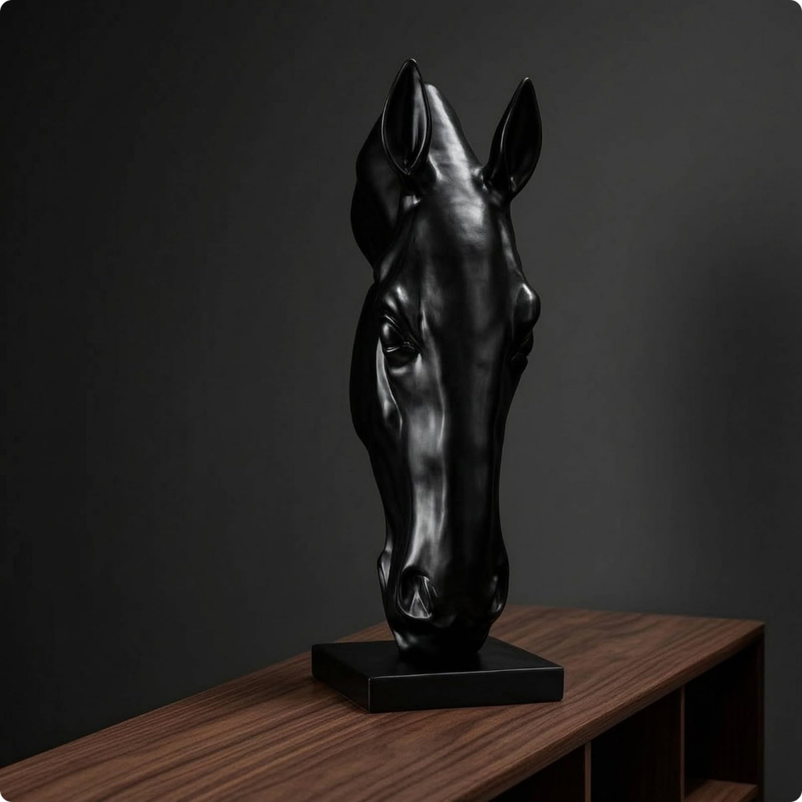 Pferdeskulptur Pferdekopf Statue Büste Figur Kunstobjekt aus Harz mit Glatter Oberfläche auf Stabilem Ebenholzsockel für Sammler Innenarchitektur Wohnraum Büro, Schwarz