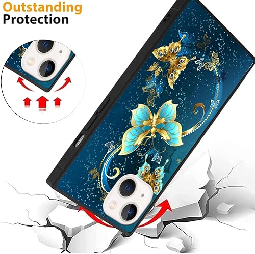 Miniatura 3 de SAKUULO Funda para iPhone 15, protector de pantalla + soporte diseño cuadrado de bonito diseño de mariposa azul, protección de bordes de TPU suave,