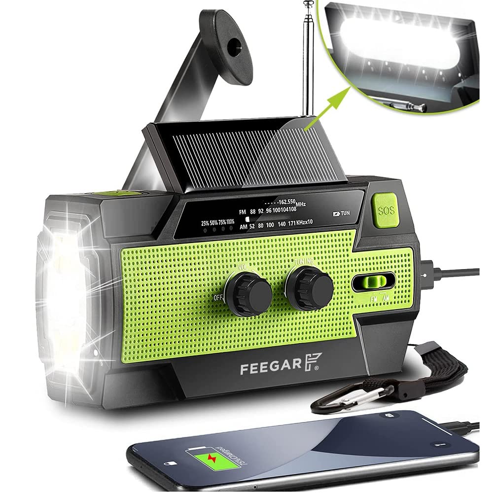 Radio solar de emergencia Feegar Oze 2 Pro radio de manivela para situaciones de emergencia AM/FM radio de supervivencia portátil, linterna LED de 4 modos, alarma SOS, banco de energía 4000mAh
