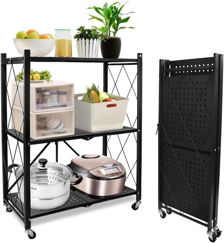 PRSVIKE Metal Kitchen Rolling Microwave Table on Wheels Foldable Rolling Storage Table with Wheels Metal Storage Rack 3 Layer Kitchen Folding Utility Microwave Oven Stan (Black, Powder Coated Finish)
