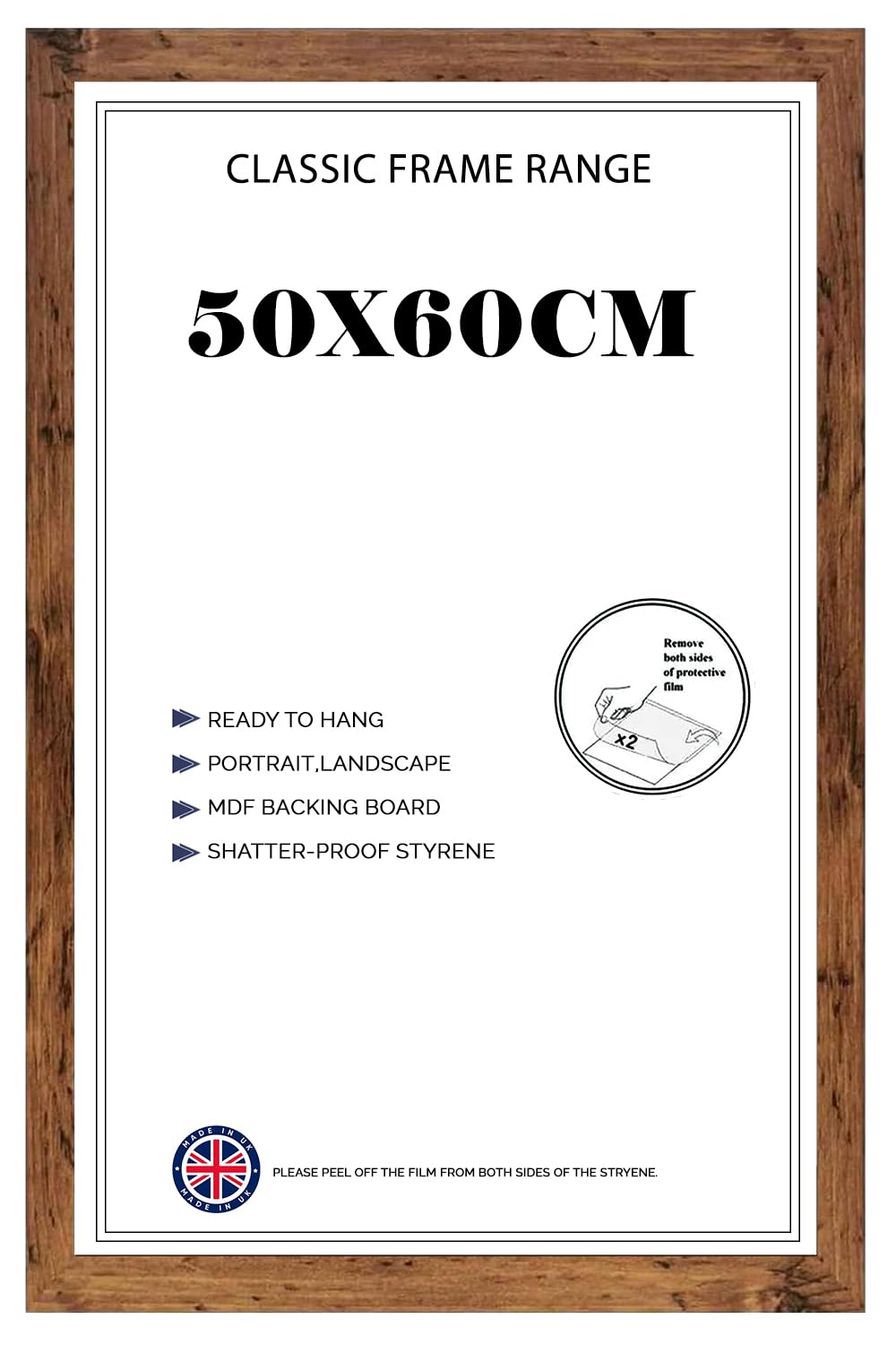 Modern Rustic Picture & Poster Frame 50x60 cm – MDF Wooden Frame with Shatter-Proof Front | 19x23in Moulding | Vertical & Horizontal 60cm x 50cm for Jigsaw Puzzles, Art Prints & Home Office Décor