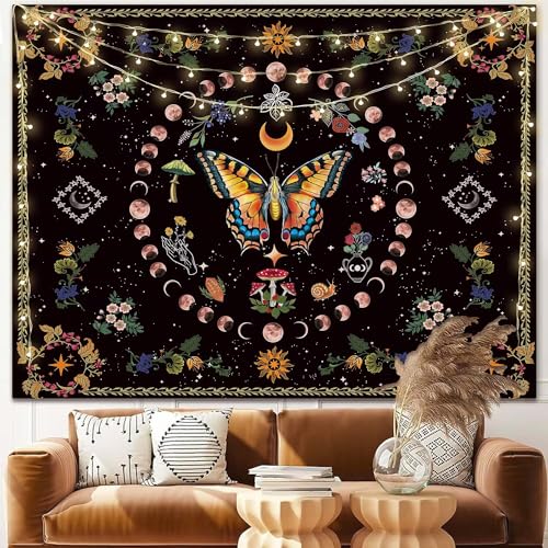 LANG XUAN Butterfly Moon Phase Flower Tapestry Botanical Floral Plant Boho Mushroom Tapestry for Bedroom Aesthetic Vintage Tapestries Wall Hanging for Living Room Dorm (Yellow, 59.06" x 78.74")