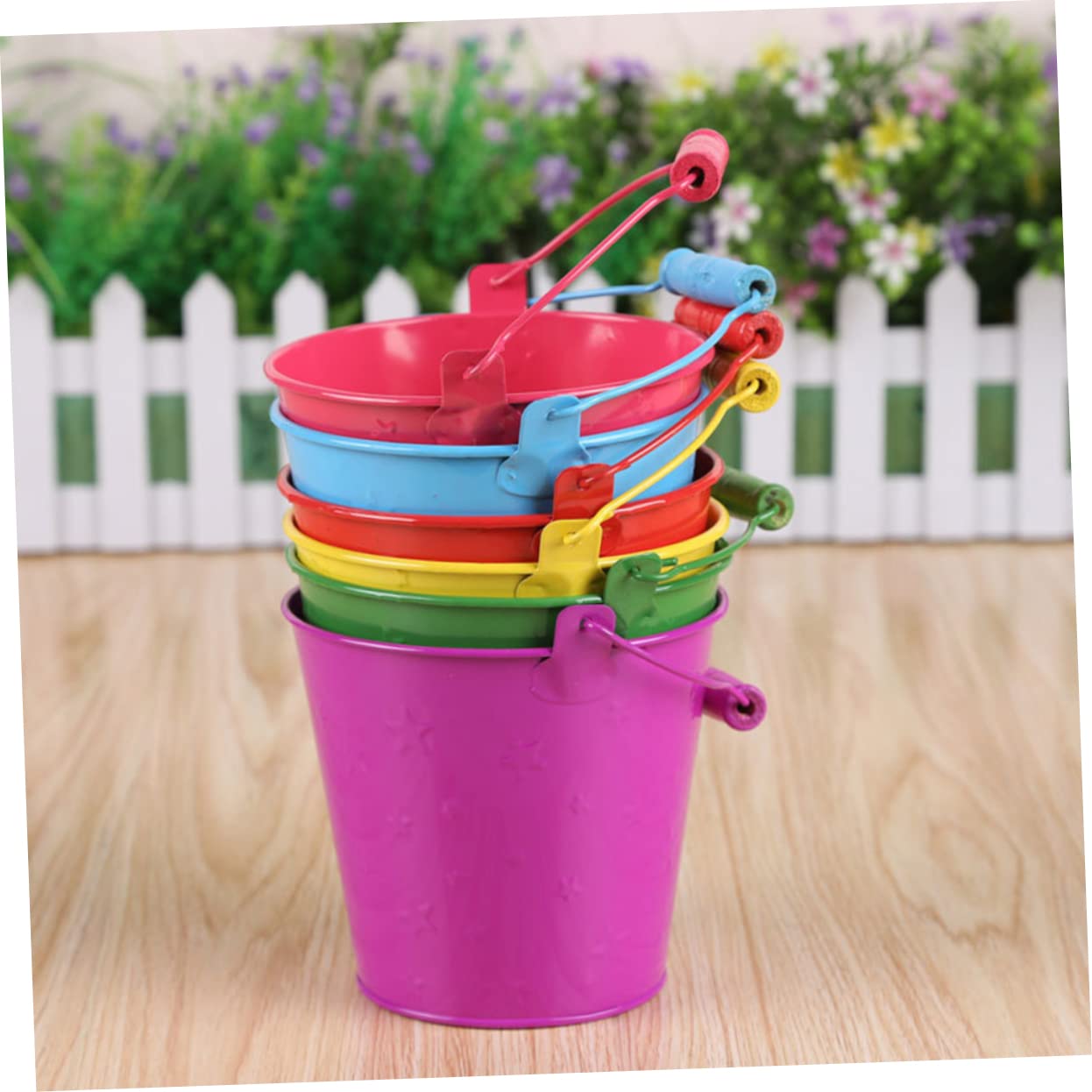Lot De 6 Seaux Jouets Pour Enfants - Pour Plage, Sable, Jardin - Coloris Aléatoires, Manche En Bois - Idéal Jeux Extérieurs - 11