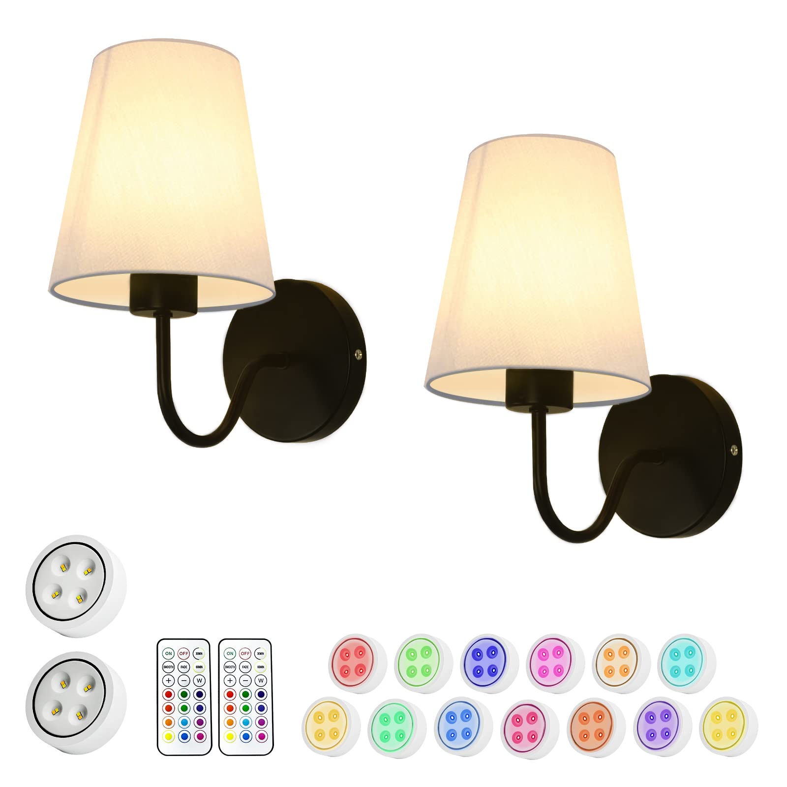 CANEOE Battery Operated Wall Sconce Set of 2, 12 RGB Colors Dimmable Battery Powered Linen Fabric Wall Lamp Fixture with Remote Control, Wireless Wall Lights for Living Room Bedroom Hallway