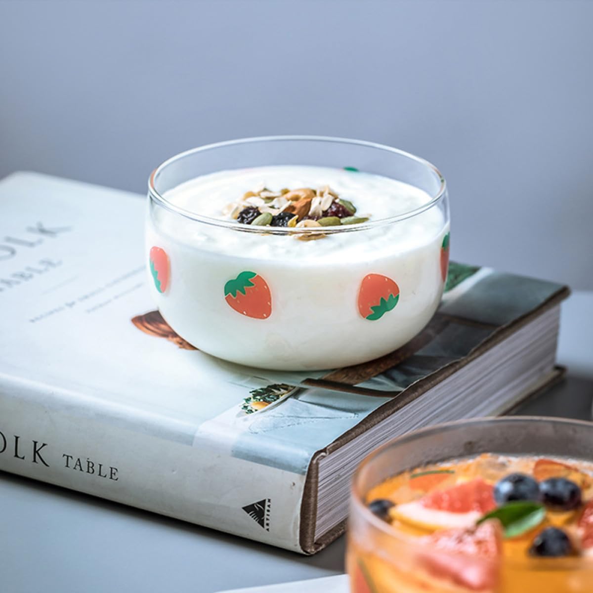 DOITOOL 4 Piezas Cuencos de Vidrio con Diseño de Fresas Bol para Ensalada y Postres Recipiente Transparente para Frutas para Cocina y Hogar Resistente y Decorativo